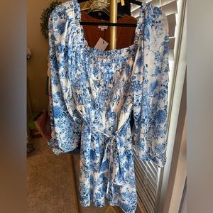 Blue and white floral tie waist cinched chest dress